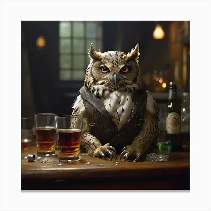 Owl At The Bar Canvas Print by Artistry Walls