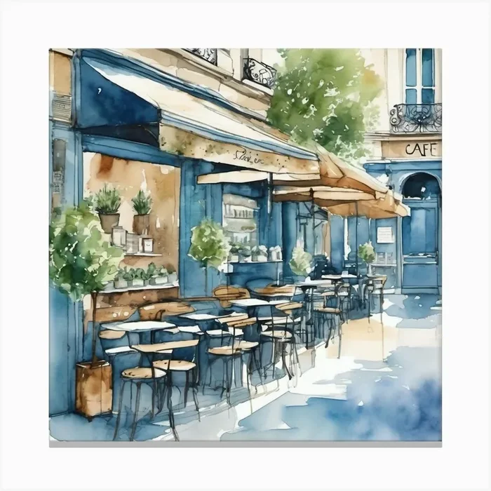 Paris Street Cafe Scene Illustration Sage Blue Watercolour 3 Art Print Canvas Print by Buggy