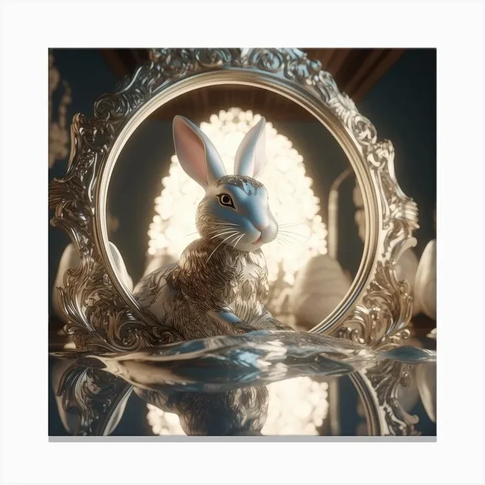 Photorealistic Cartoon White Rabbit Figurine In Mirror Frame Canvas PrintW by WendyRojas