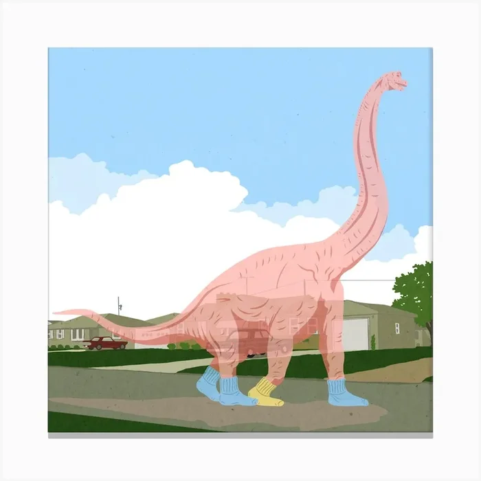 Pink dinosaur ghost, surreal, street scene, illustration, wall art Canvas Print by Boo Cox