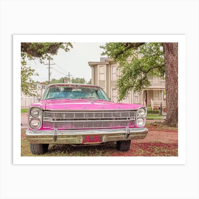 Pink Old Lady Car, Nola Art Print by A Carousel Wandering