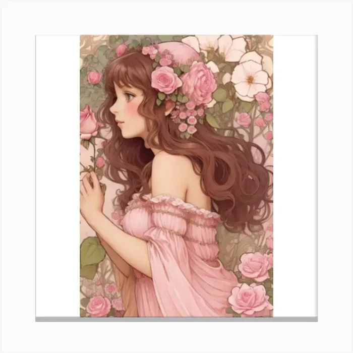 Pink rose fairy Mucha style Canvas PrintM by MadameX