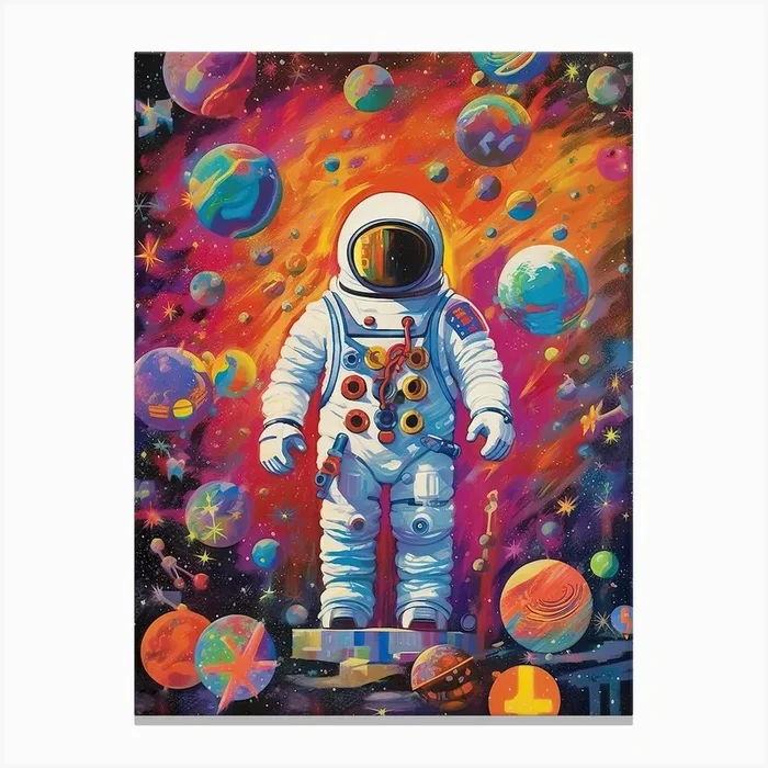 Playful Astronaut Colourful Illustration 1 Canvas Print by Celestial Odyssey