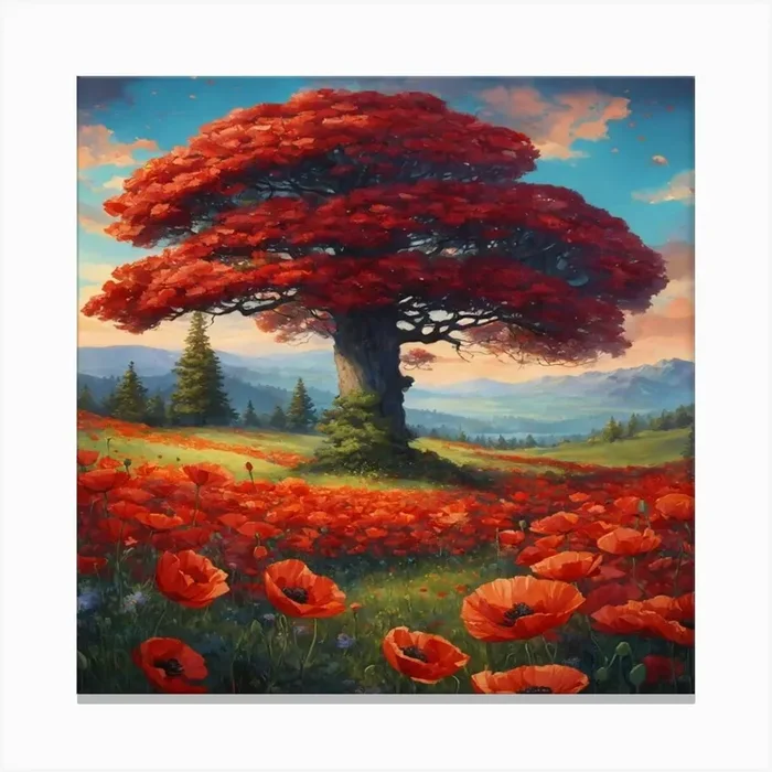 Poppy Field With A Pine Tree Growing In The Middle (1) (1) Canvas PrintF by Fareda