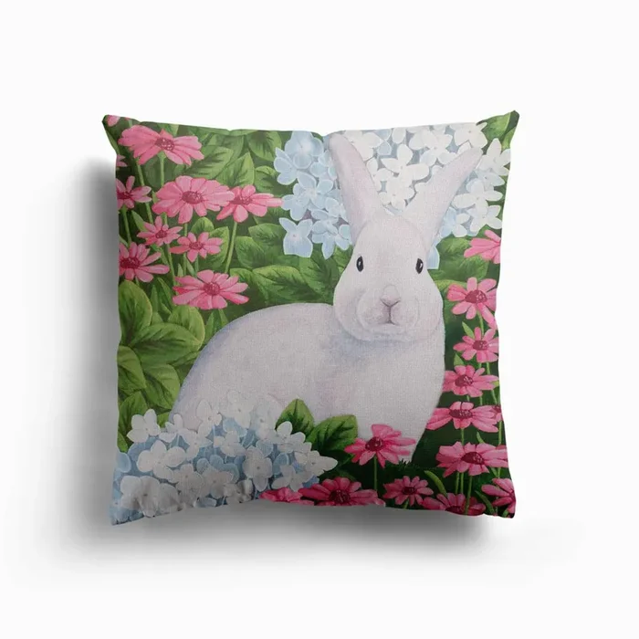 Rabbit In Garden Canvas Cushion by Sally B