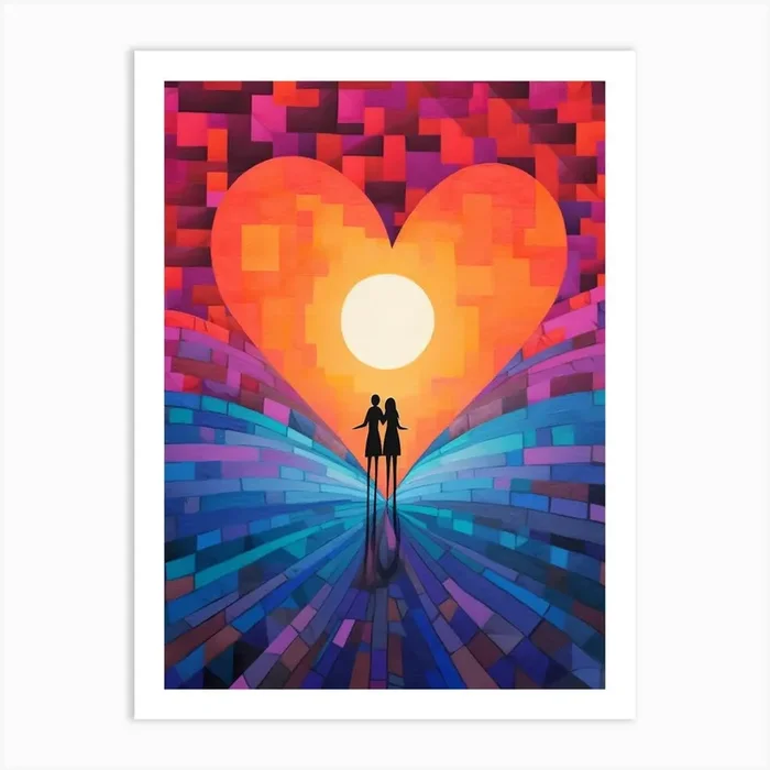 Rainbow Swirl Heart Sunset Silhouette 5 Art Print by Essence Lines
