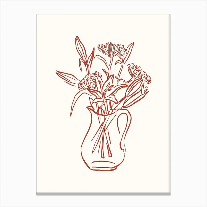 Red Fine Line Vase Flower Poster Canvas Print by House of Saturn