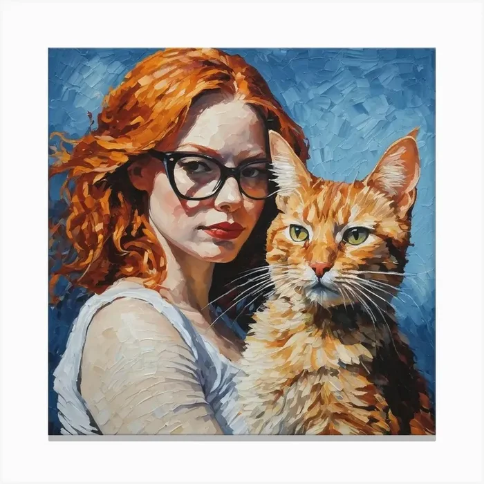 Red Haired Girl With Cat Canvas Print by Lacaim