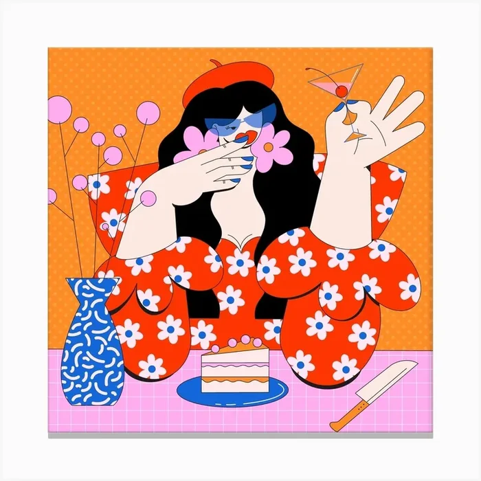 Red Lady In Pink & Orange Square Canvas Print by AZZURROSCURO