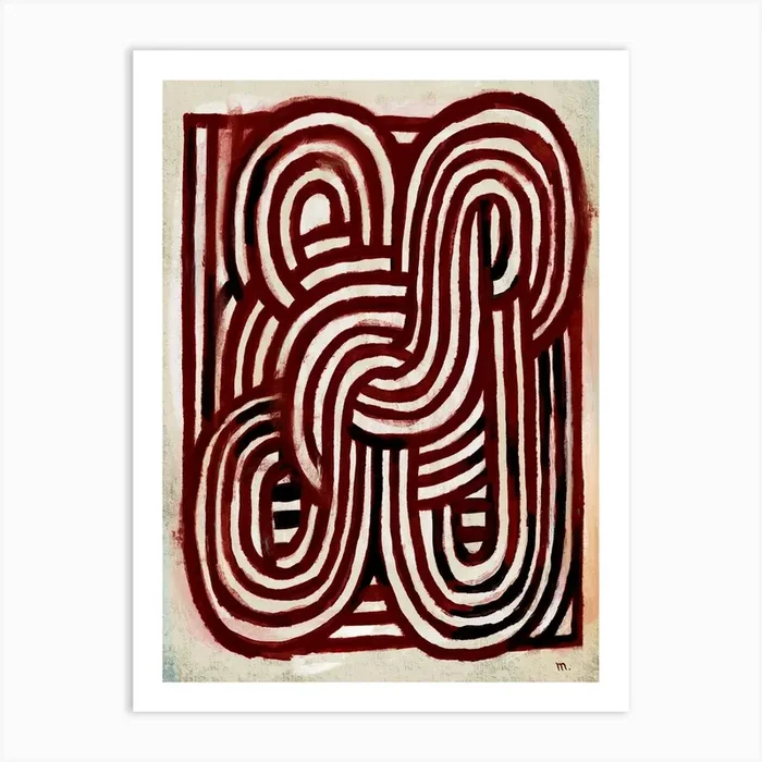 Red Maze Abstract Tribal Linework Art Print by ATELIER M