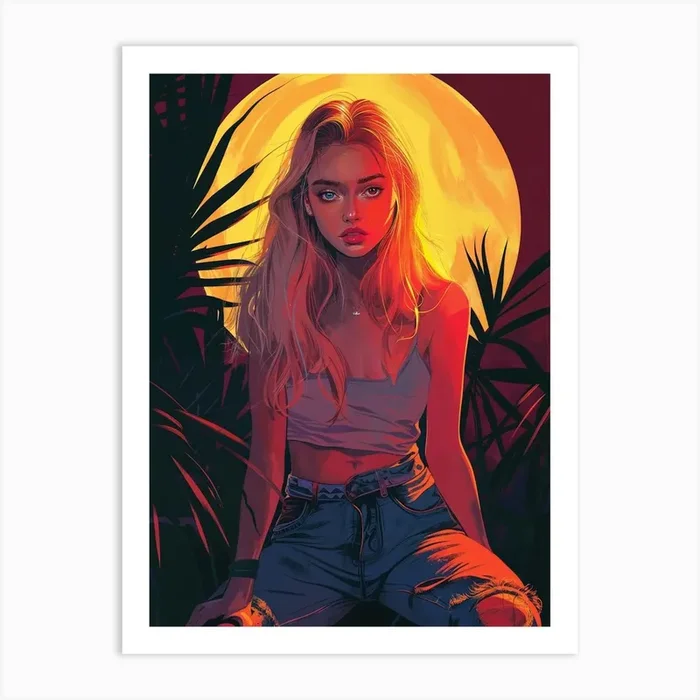 Retro Girl In Front Of The sun Art PrintG by Geekdeco