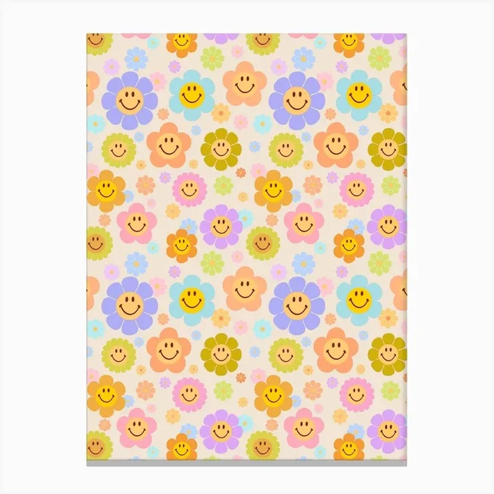 Retro Smiley Flowers 2 Canvas Print by Dear Darling Studio