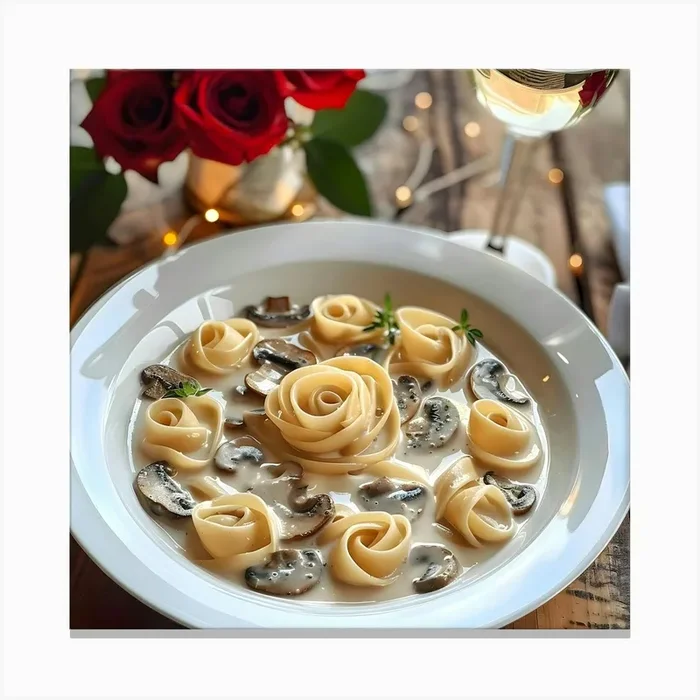 Rose-Shaped Pasta with Creamy Mushroom Sauce Canvas Print by Lozzerly