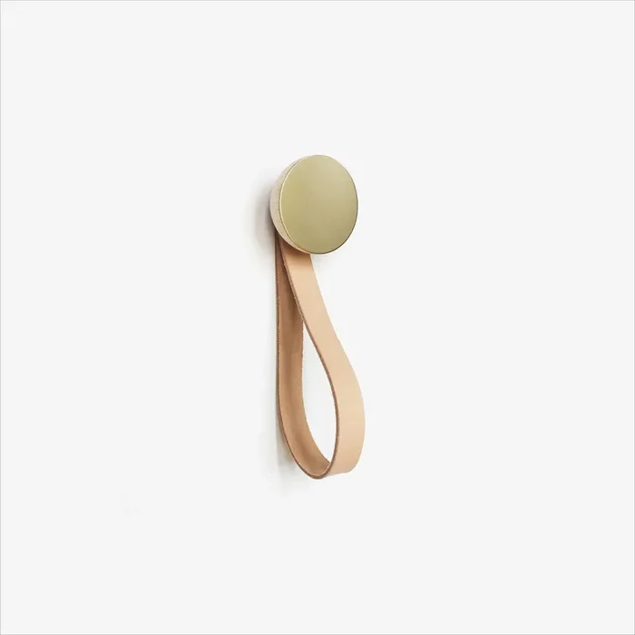 Round Beech Wood & Brass Wall Hook with Leather Strap by 5mm Paper