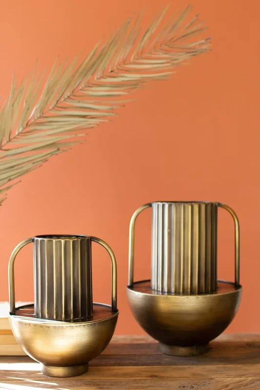 Set of 2 Metal Antique Brass Finish Vases with Handles