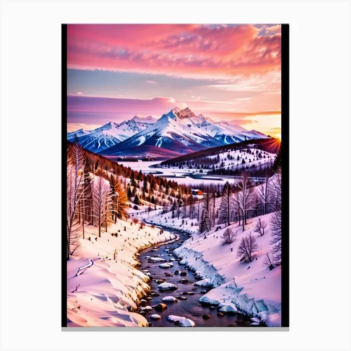 Snowy Mountains At Sunset Canvas Print by Griffin