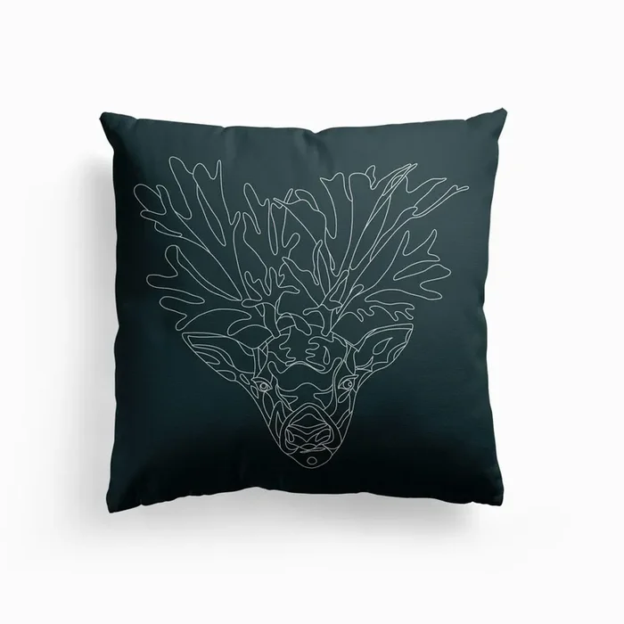 Stag And Fern On Dark Turquoise Canvas Cushion by SYChen Design