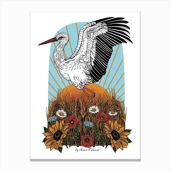 Stork In The Field Canvas Print by Anna Palamar Designs