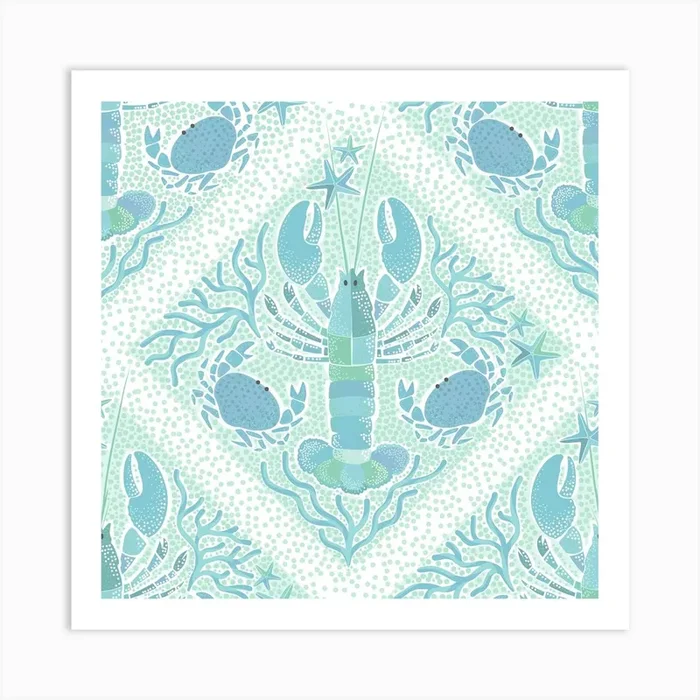 Summer Coastal Boho Lobster, Crab & Coral – Lattice pastel blue Art Print by Dominique Vari
