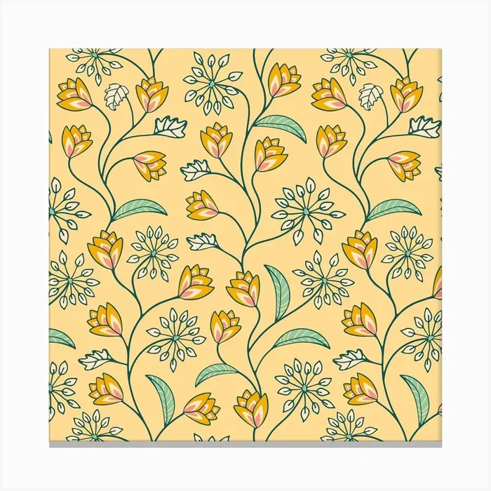 TANGLED Boho Floral Botanical Vines in Cottage Garden Pink Yellow White Green on Cream Canvas Print by UnBlink Studio
