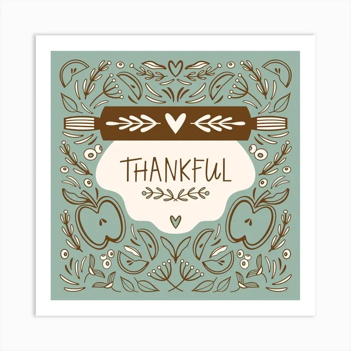 Thankful Rolling Pin Blue Square Illustrated Art Print by Laura Paper Jane