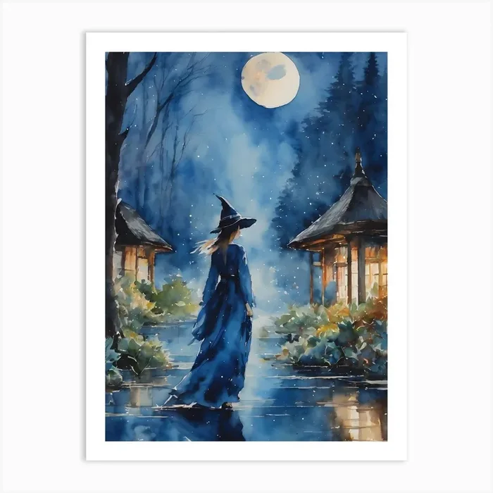 The Blue Witch ~ Blue Moon Fairytale Witchcraft Sacred Spirit Watercolor Painting China Yoga Meditating Spiritual Painting Art Print by Lyra the Lavender Witch
