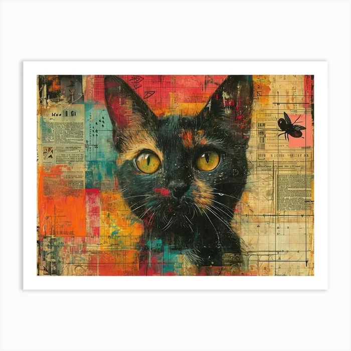 The Rebuff: Ornate Illusion in Contemporary Collage. Cat With Yellow Eyes Art Print by ArtCanvasQuest