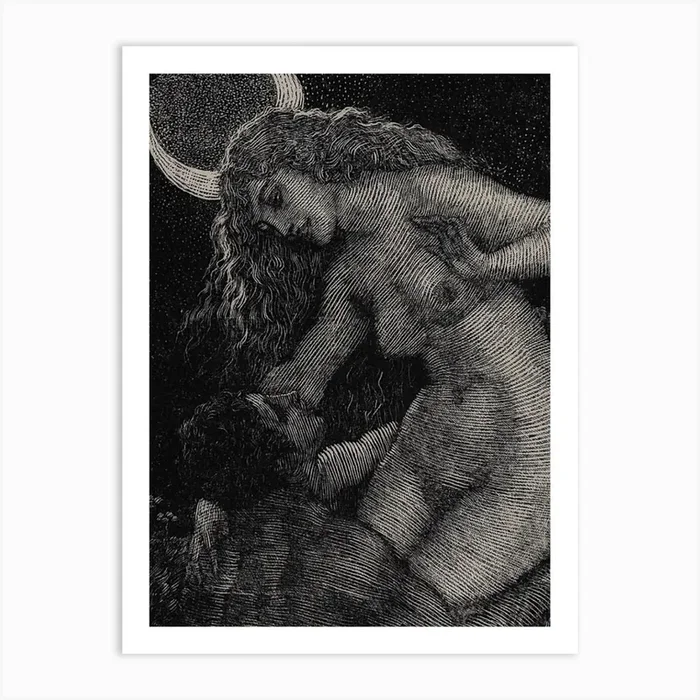 Thief of the Moon – Norman Lyndsey 1924 – Pagan Moon Goddess Engraving Witchy Vintage Art Print Fairytale Retro Nude Romantic Valentines Seductive Witch Art PrintLB by Love Beyond the Moon