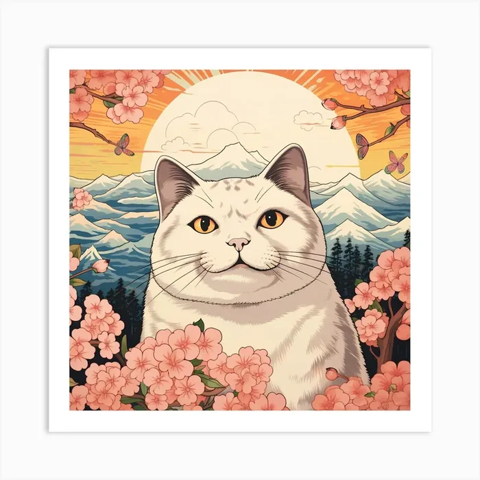 Ukiyoe painting of a White Cat In Cherry Blossoms Art Print by littlewhitecat