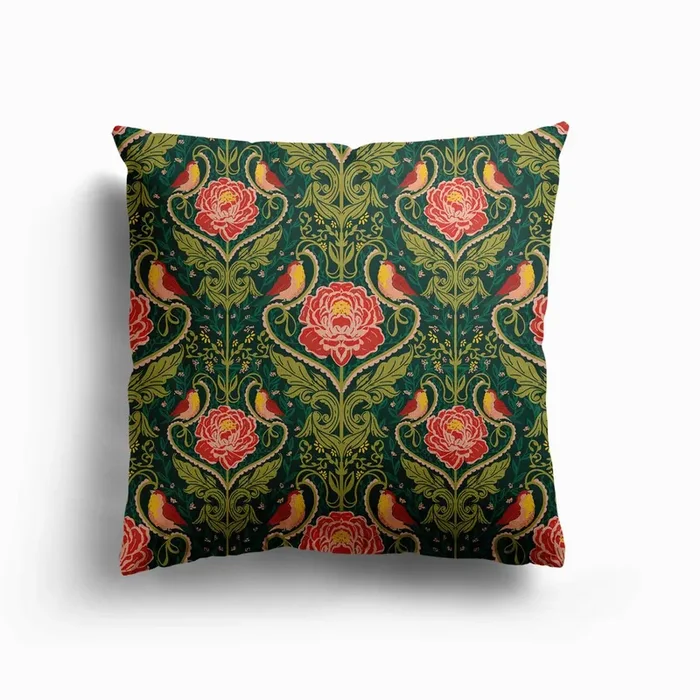Victorian Garden Birds Canvas Cushion by Mitalim Designs