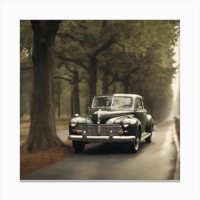 Vintage Car on the forest road Canvas PrintMD by Meta Designer