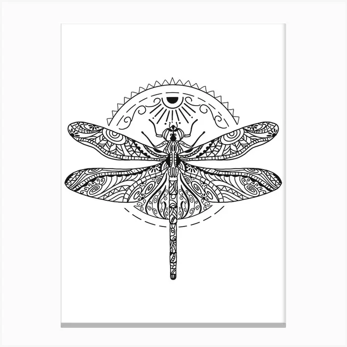 Vintage Decorative Dragonfly Canvas Line Art Print by Mitalim Designs