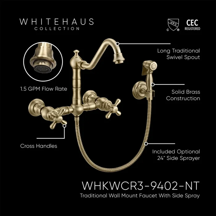 Vintage III Plus Wall Mount Faucet with a Long Traditional Swivel Spout, Cross Handles and Solid Brass Side Spray