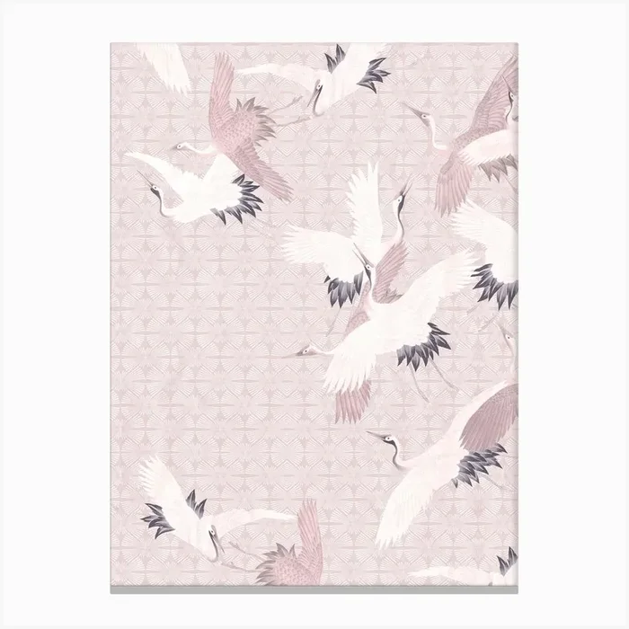 Vintage Japanese Egret Birds Flight Pastel Pink Canvas Print by Bloomery Decor
