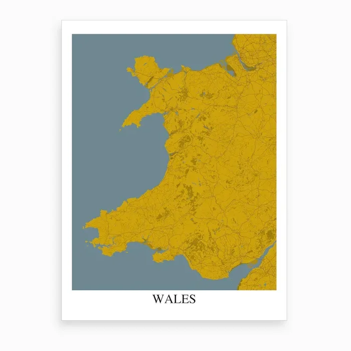 Wales Yellow Blue Map Art Print by Mapply