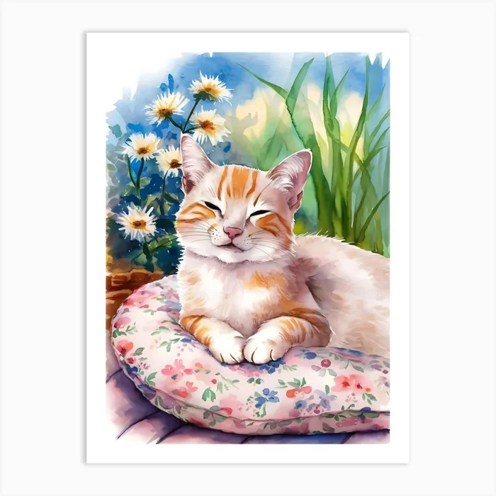 Watercolor Cat On A Pillow Art Print by Dackshina Migara