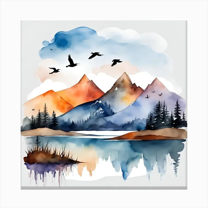 Watercolor Landscape With Birds Canvas PrintC by Clofura