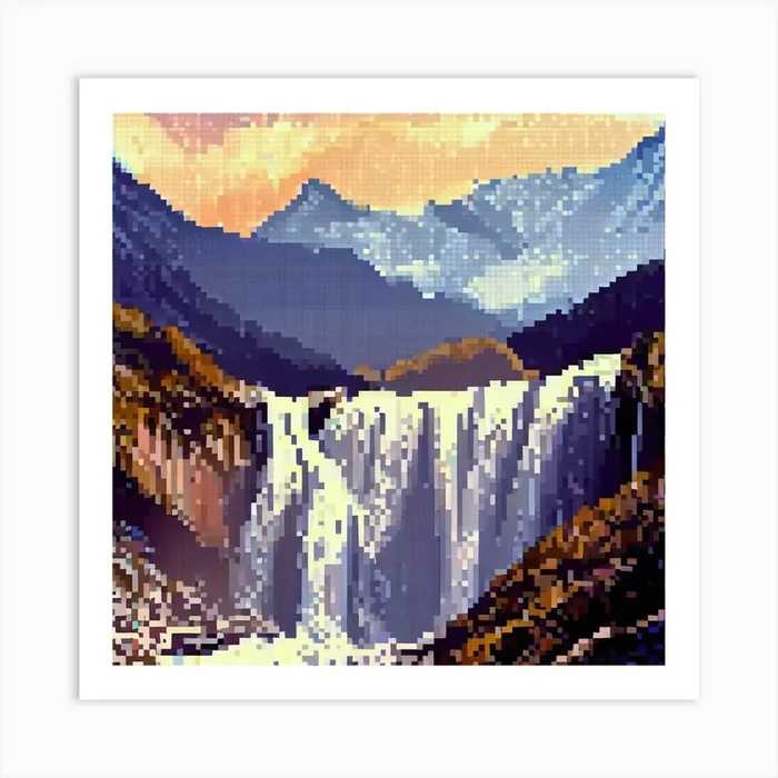 Waterfall In The Mountains Art Print by ARTKECH