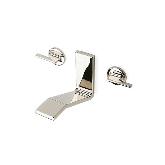 Waterworks Formwork Low Profile Three Hole Wall Mounted Lavatory Faucet with Metal Lever Handles in Chrome