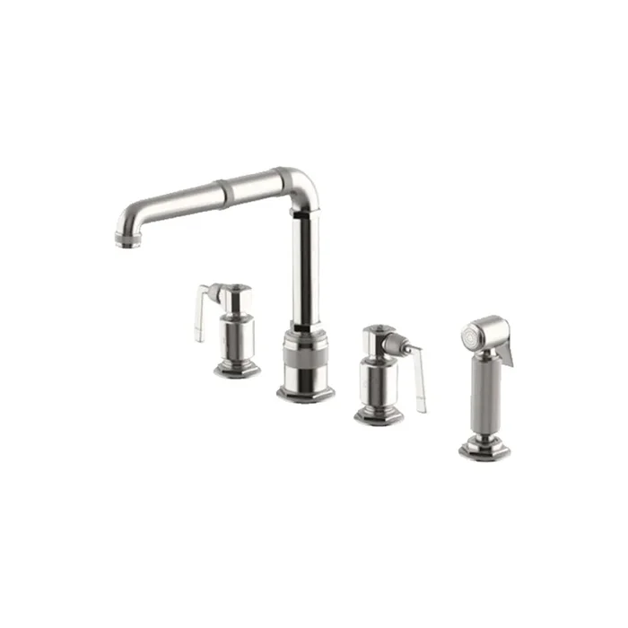 Waterworks RW Atlas Three Hole High Profile Kitchen Faucet with Metal Side Mount Lever Handles and Spray in Dark Brass