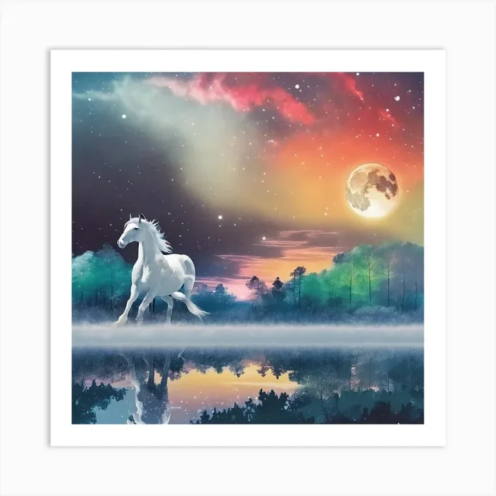 White Horse In The Moonlight Art PrintM by Miramir