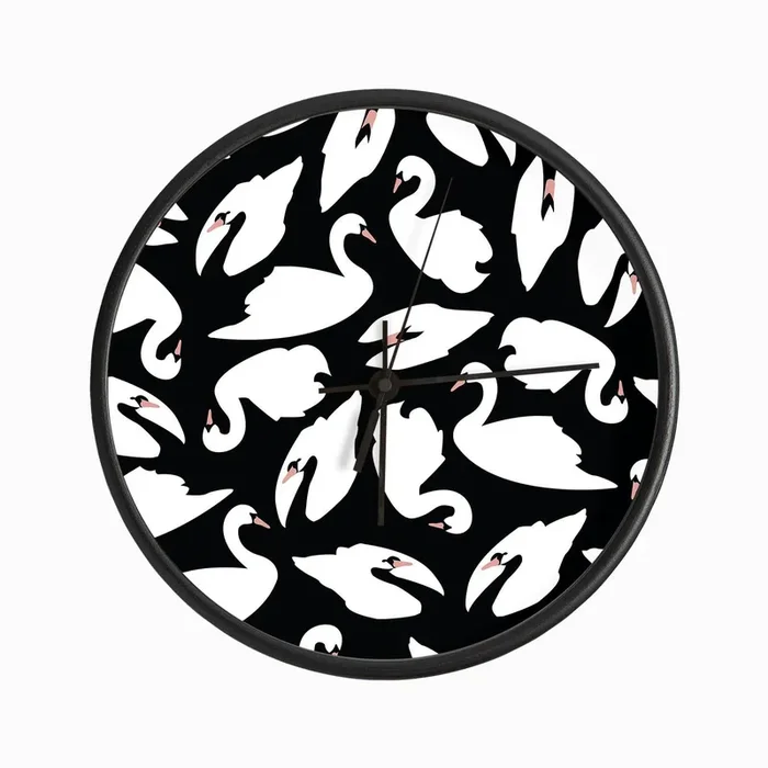 White Swan Pattern On Black Clock by BlueLela