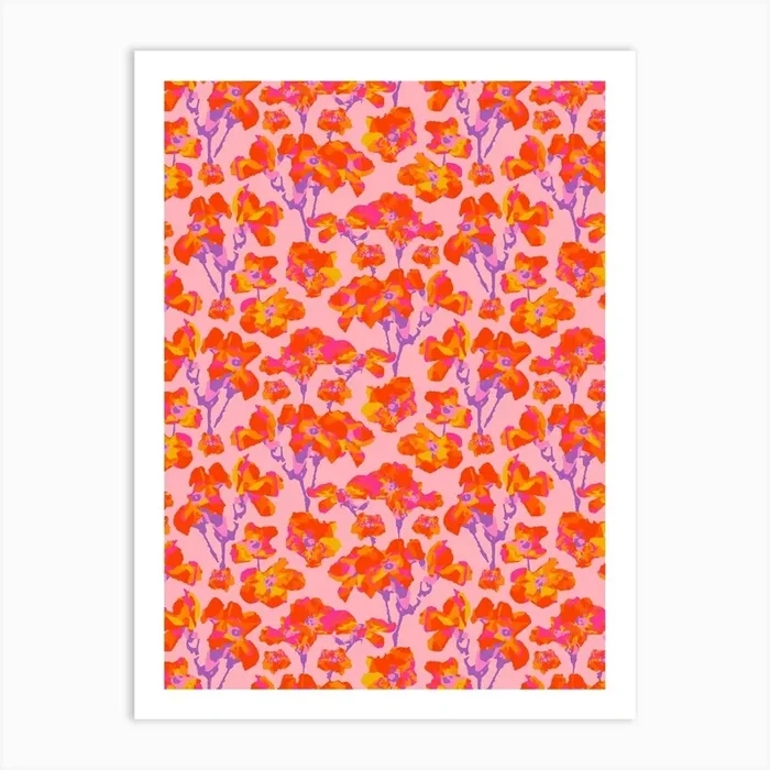 WILD ROSES Abstract Floral Summer Bright Rose Garden in Fuchsia Pink Orange Yellow Purple on Blush Art Print by UnBlink Studio