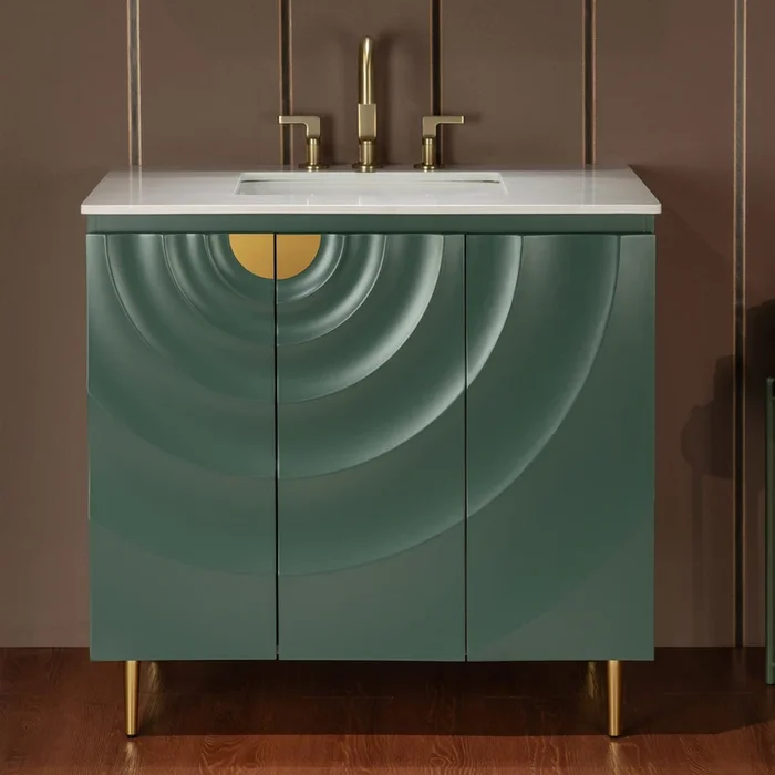 WOODBRIDGE 36 “X22 ” Bathroom Vanity in Green with Single Ceramic Undermount Sink, White Engineered Stone Vanity Top– 3D Wave Pattern Doors, Sleek Thin-Leg Frame, Space-Saving for Modern Living