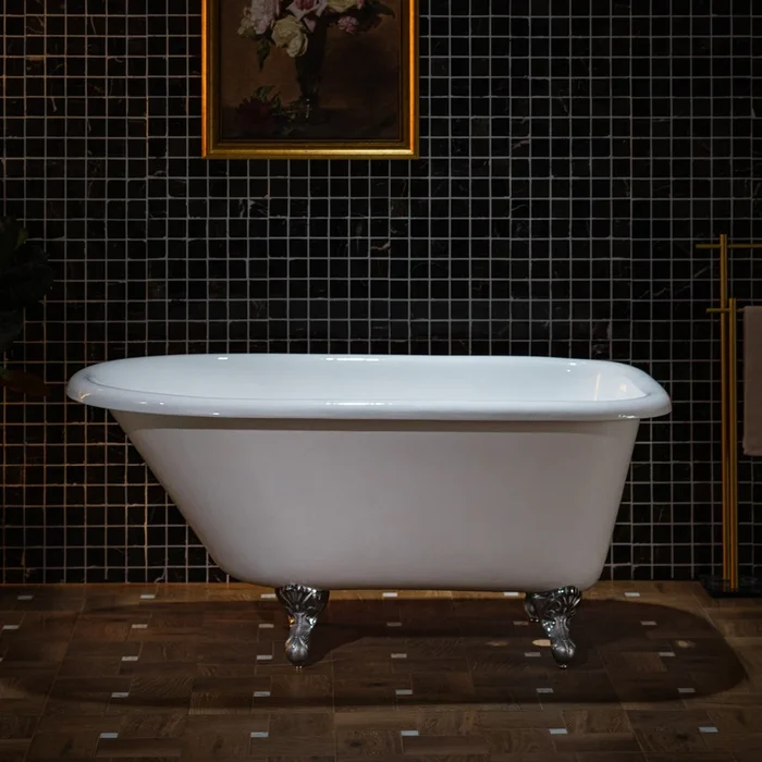 WOODBRIDGE 54 ” Enameled Cast Iron Roll Top Clawfoot Bathtub with Chrome Iron Feet, White, TC0354