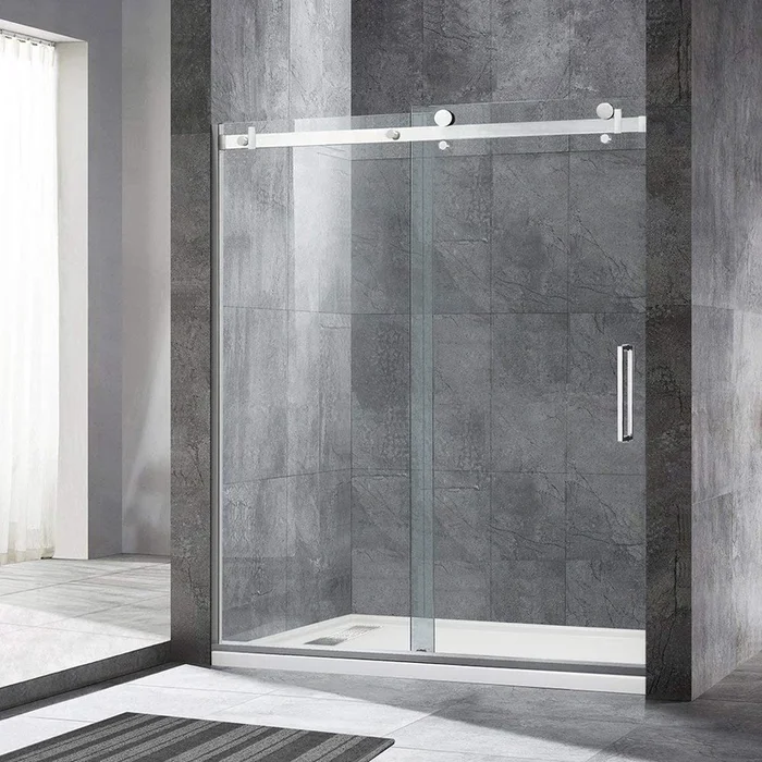 WOODBRIDGE Frameless Single Sliding Shower Doors, 56-60 ” Width x 76 ” Height with 5/16 “(8mm) Clear Tempered Glass and Explosion-Proof Film