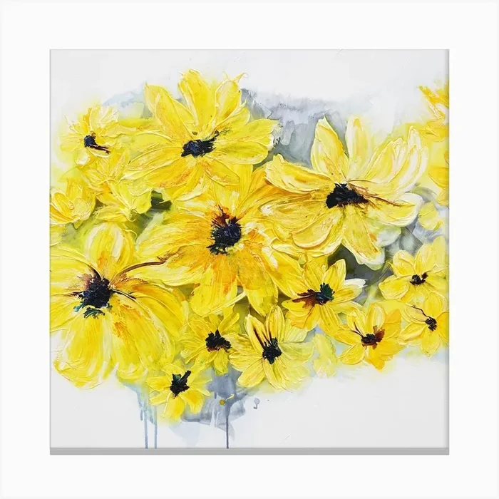 Yellow Flowers White Background Painting 1 Square Canvas Print by Françoise Wattré