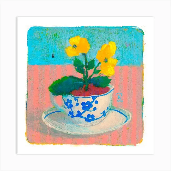 Yellow Pansies In A Tea Cup Square Art Print by Ayna Paisley