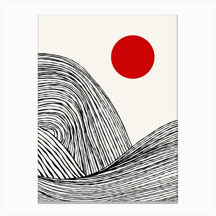 Zen Waves on Red Sun – Minimal Abstract Black & White Japandi (1/2) Canvas Print by Dominique Vari